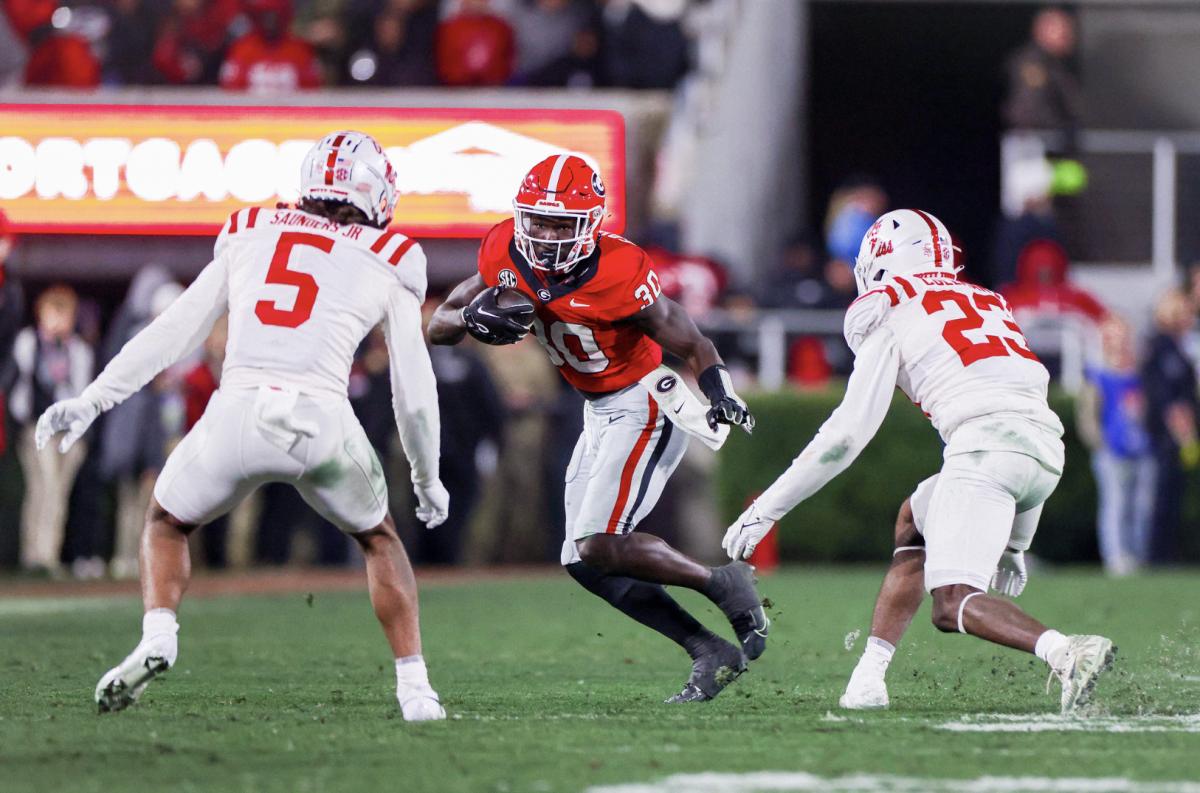 Georgia running back Daijun Edwards during Georgia’s game against Ole Miss on Dooley Field at Sanford Stadium in Athens, Ga., on Saturday, Nov. 11, 2023. (Tony Walsh/UGAAA)